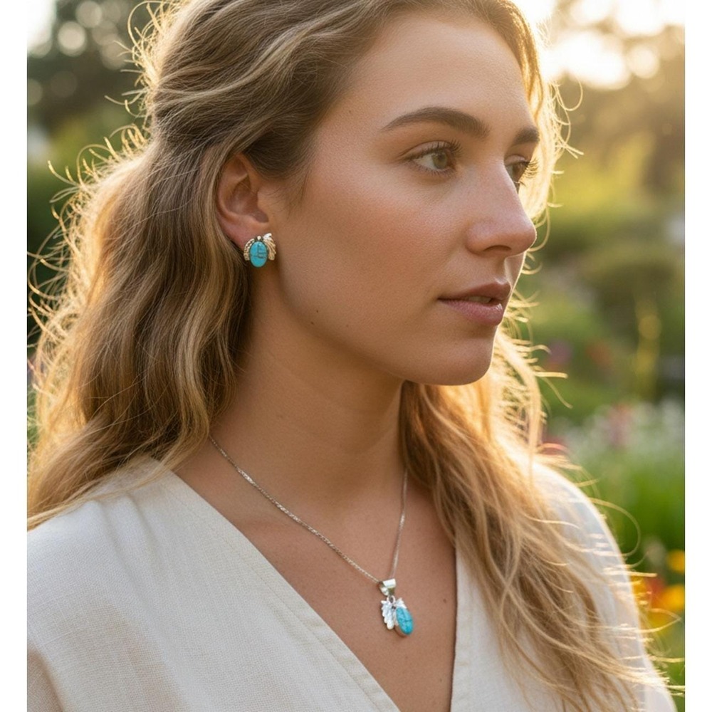 Navajo Turquoise Inlay Necklace and Earring Set Signed Jerome Yazzie Jewelry**‎